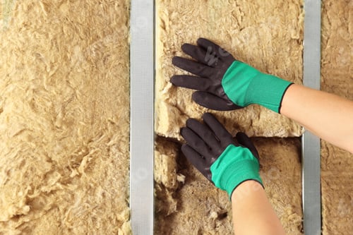 Preview: Worker installing thermal insulation material on wall, closeup