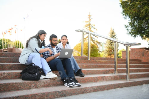 Preview: group of young students checking exam results or waiting for project approval on laptop