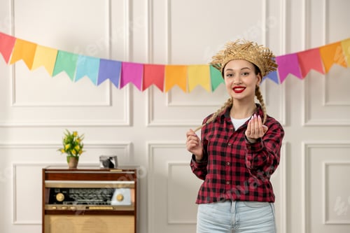 Preview: festa junina cute girl in straw hat brazilian midsummer with retro radio colorful flags smiling