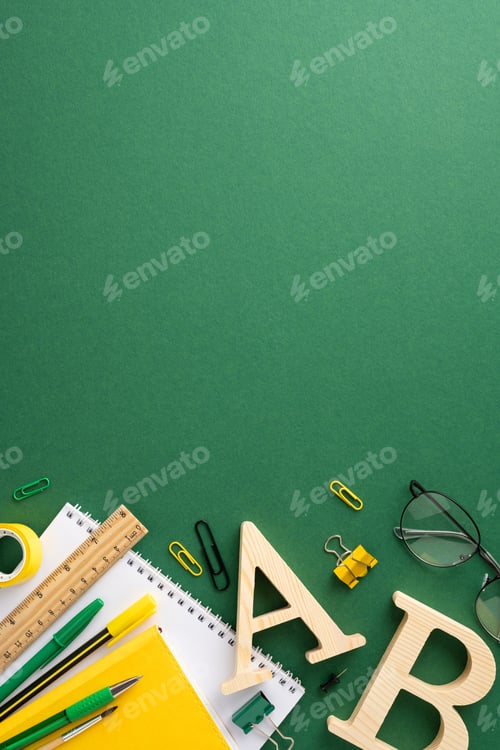 Preview: Various school stationery items arranged on a green vertical background
