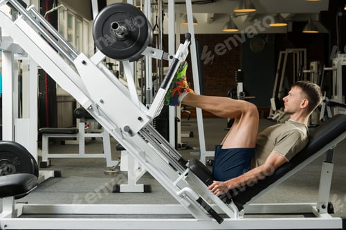 Preview: Young athlete pushing up barbell in gym