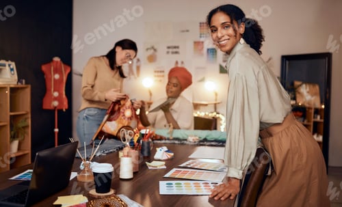 Preview: Fashion, designer or black woman at a small business, workshop or studio with color, textures or fa