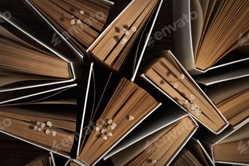 Preview: Background of many open old vintage hardback paper books. Library archive flat lay