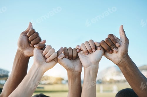 Preview: Fist, hands and group with diversity for outdoor celebration or team building together for support,