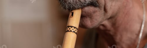 Preview: senior man playing flute. unprofessional male elderly recorder people with moustache play on pipe