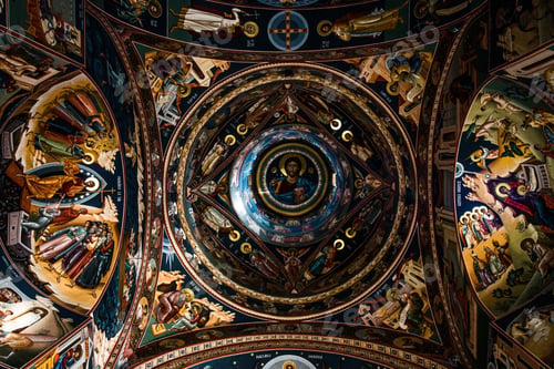 Preview: Low angle shot of a temple ceiling with wall art of religious characters