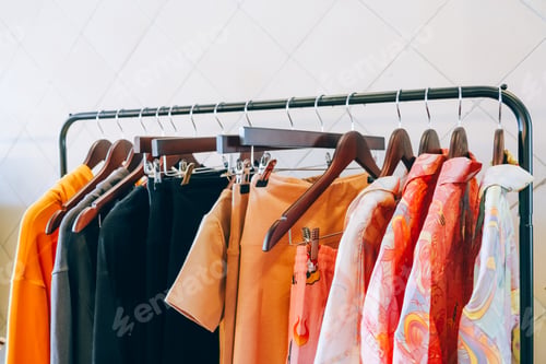 Preview: Rack with stylish women's colorful clothes indoors in fashion store