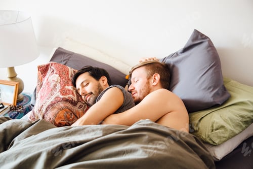 Preview: Male couple in bed, hugging whilst sleeping