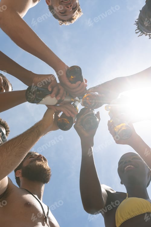 Preview: Upward view of happy group of multi-ethnic friends toasting with beer bottle at beach