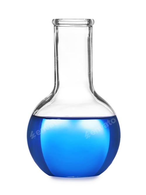 Preview: Glass flask with liquid on white background. Solution chemistry