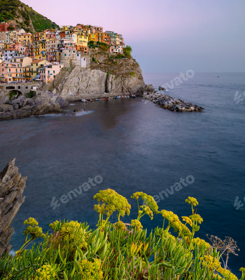 Preview: Manarola Village Cinque Terre Coast Italy during sunset. Manarola colorful town Liguria