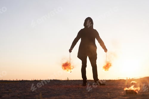Preview: Man Holding Fire Poi During Fire Show on Sky
