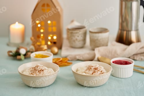 Preview: Christmas food. Rice pudding. French milk rice dessert. Pastel cozy atmosphere morning holiday