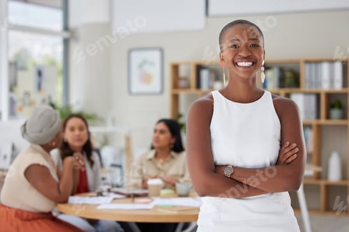Preview: Portrait of smiling african american business woman standing with her arms folded while her colleag