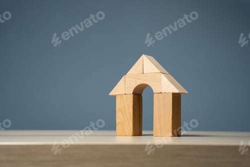Preview: House with arch door with wooden blocks.