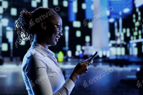 Preview: Woman online shopping, walking in city