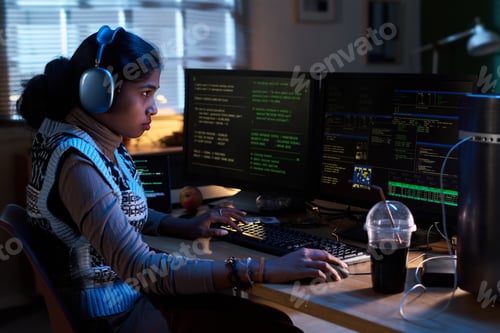 Preview: Young South Asian Woman Coding on Multiple Monitors at Night in Office
