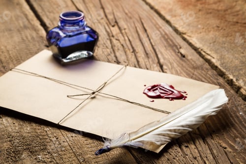 Preview: Old feather, envelope, sealing wax and ink bottle