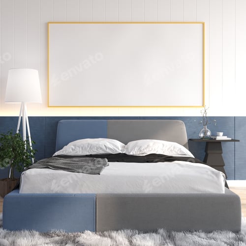 Preview: 3D Modern interior of bedroom with mockup photo frame