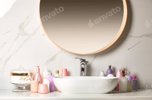 Preview: Stick deodorant and different toiletry on countertop in bathroom