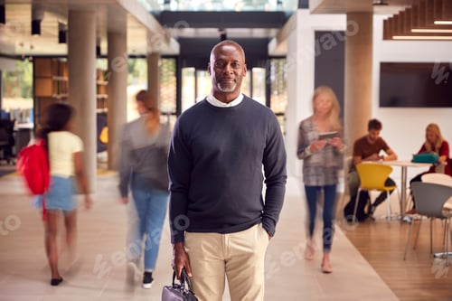 Preview: Portrait Of Smiling Mature Male Tutor In Busy University Or College Building With Students