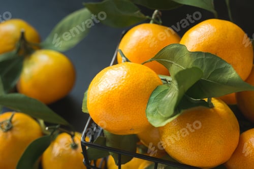 Preview: Fresh mandarins with leaves. Healthy eating concept. Close up.