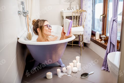 Preview: Woman reading book in the bathroom