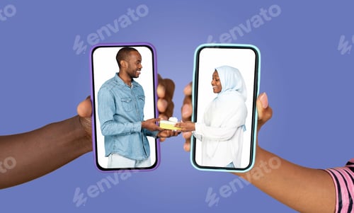 Preview: Couple sharing a special moment through their smartphones while chatting