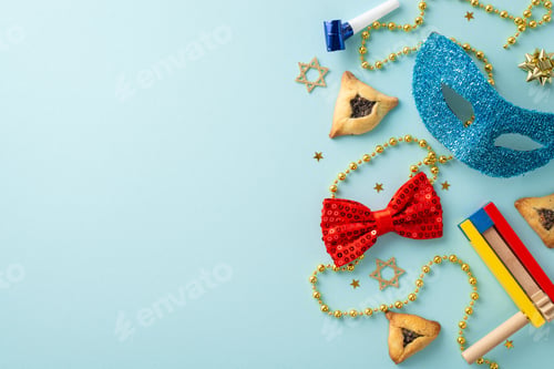 Preview: Purim gala display: Top view of triangle-filled cookies, Star of David icons, party mask