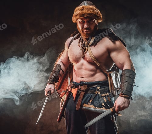 Preview: Savage nordic barbarian with hatchet and knife