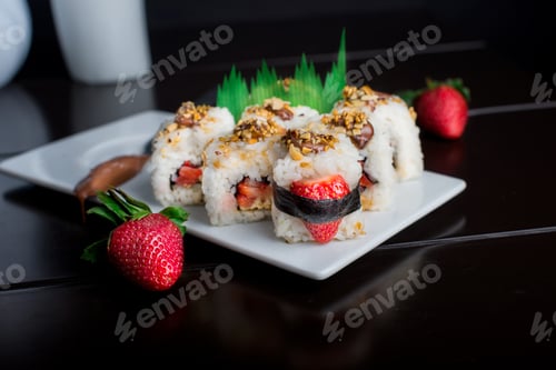 Visualização: Foto de perto de um rolo de sushi de sobremesa