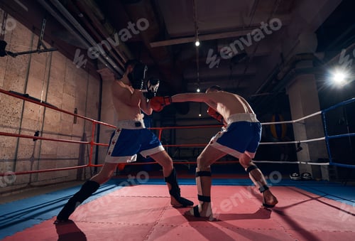 Preview: Boxers training kickboxing in the ring at the health club