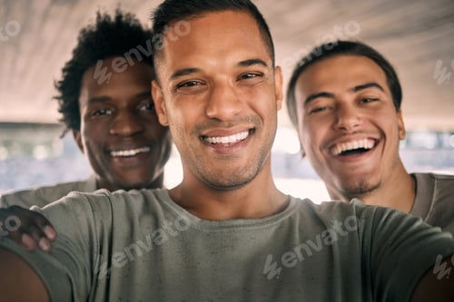 Preview: Man, friends and portrait smile for selfie, vlog or profile picture together for social media post.