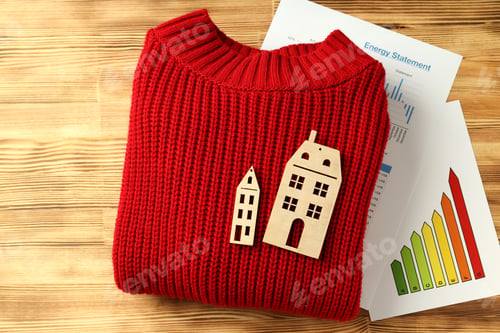 Preview: Concept of heating season with red sweater on wooden table