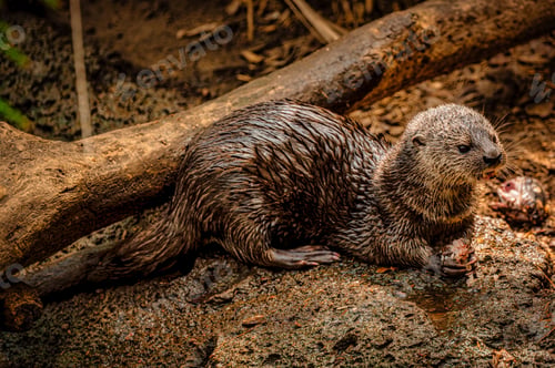 Preview: Otter covered with mud sitting on a rock in a dirty, muddy area with a laying stump behind it