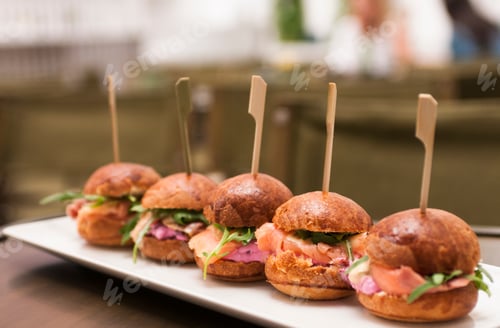 Preview: Tasty Salmon Sliders Appetizers Plated on Serving Tray