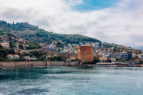 Preview: Landscape view old walls of fortress and Red tower on Mediterranean coast. View of Alanya Castle