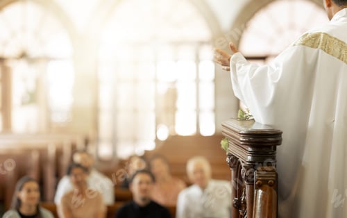 Preview: Congregation, religion and faith with leader, in church and preaching sermon, speaking and spiritua