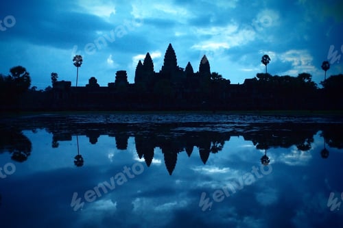 Preview: silhouette of Angkor Wat temple at dawn just before sunrise, Cambodia, Southeast Asia