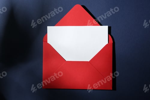 Preview: Blank greeting card in red paper envelope on dark blue background, top view