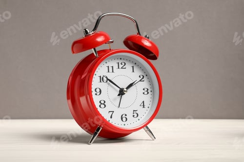 Preview: One red alarm clock on white wooden table against grey background