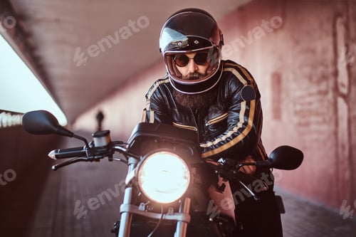 Preview: Brutal bearded biker sitting on a retro motorcycle with an included headlight