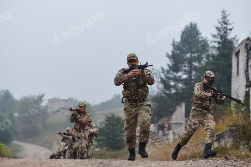 Preview: A disciplined and specialized military unit, donned in camouflage, strategically patrolling and