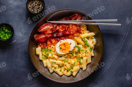 Preview: Korean street food - creamy rapokki served with bacon and egg.