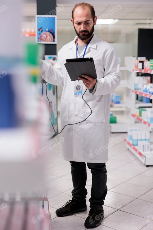Preview: Man pharmacist looking at medical products information on tablet computer while scanning drugs
