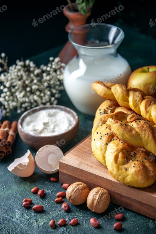 Preview: front view yummy pastries with eggs flour and milk on dark background bread food meal breakfast