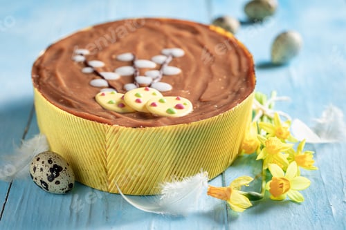 Preview: Homemade easter Cheesecake decorated with yellow daffodils