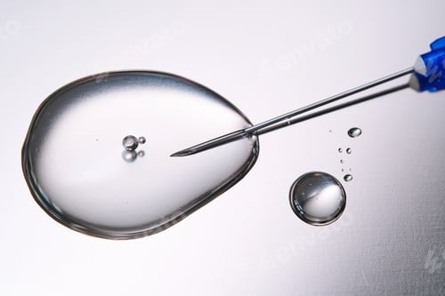 Preview: A drop of medicine flowing from a syringe with a needle.