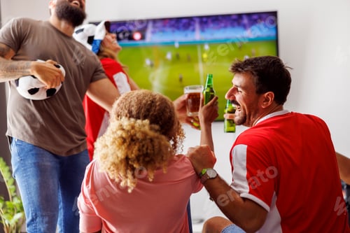 Preview: Football fans drinking beer while watching football on TV