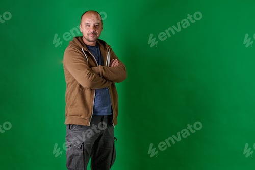 Preview: Middle aged bald man in casual attire with crossed arms poses confidently against a green studio